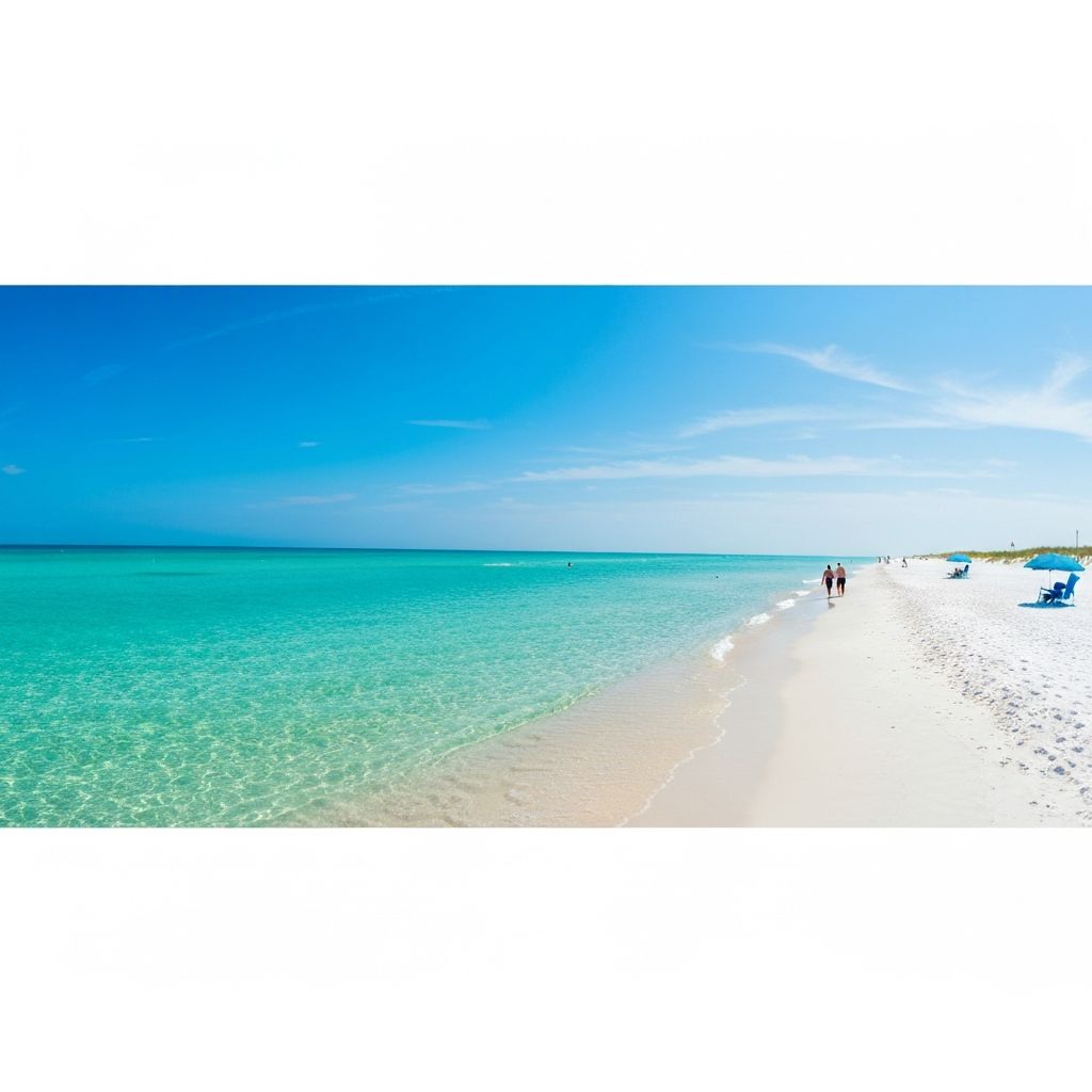 Sunny beach day in Gulf Shores, Alabama with turquoise waters and white sand